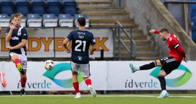 Queen's Park's Dom Thomas scores to make it 1-1 during a William Hill Championship match between Falkirk and Queen's Park at the Falkirk Stadium, on August 02, 2024, in Falkirk, Scotland. (Photo by Mark Scates / SNS Group)