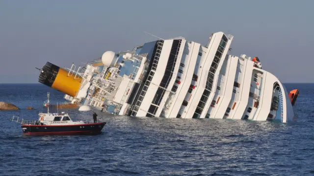 Costa Concordia ship partially sunk on a tilt with rescue boar in the foreground surrounding by sea and rocks