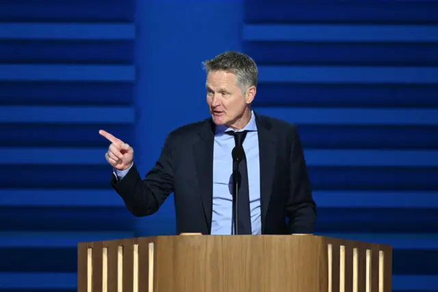 Olympic basketball coach Stever Kerr addresses the crowd at the DNC