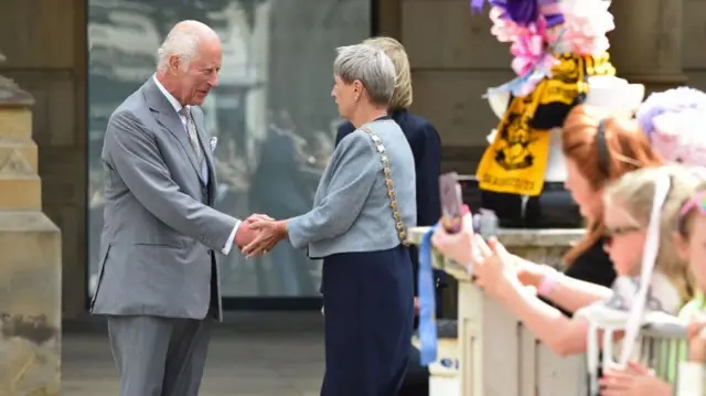 Britain's King Charles III arrives at Southport Town Hall to meet with members of the local community following the July 29 attack at a childrens' dance party, in Southport, northwest England, on August 20, 2024.