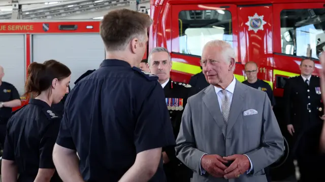 King Charles III meets representatives from Merseyside's emergency services and local community groups at Southport Community Fire Station