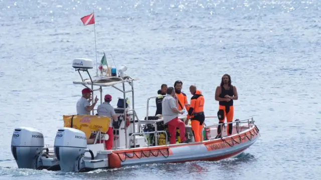 A small Vigili del Fuoco boat carries a dive team out to sea