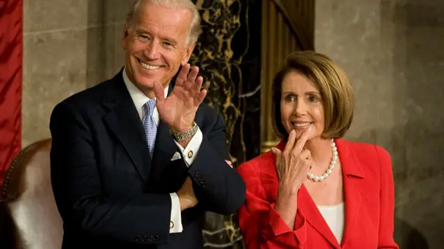 Biden and Pelosi, seen together during a speech by Obama in 2009