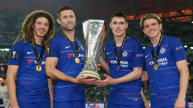 Ethan Ampadu, Gary Cahill, Andreas Christiansen and Conor Gallagher with the Europa League trophy after beating Arsenal in the 2019 final