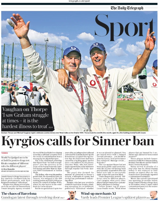 Lead sport page of the Daily Telegraph on 21 August 2024