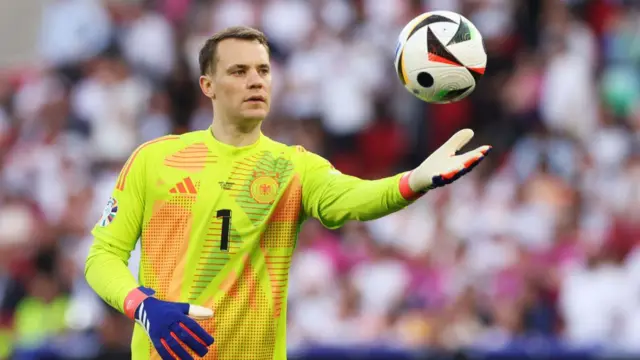 Manuel Neuer with his hand out to catch a ball while playing for Germany at Euro 2024