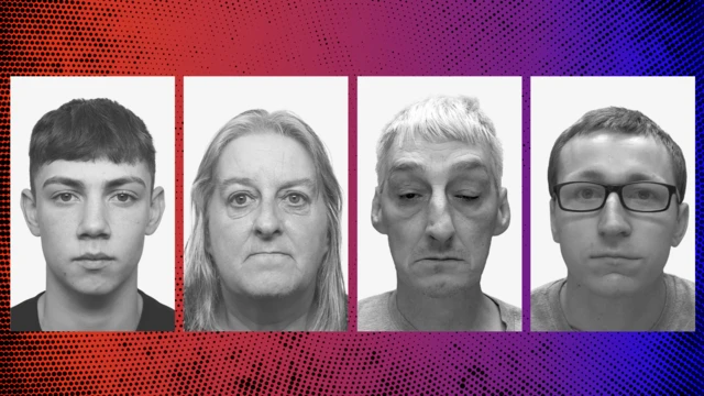 Promo image showing the police mugshots of four people sentenced over riot-related offences - Thomas Connelly, Julie Sweeney, David Wilkinson and John Honey