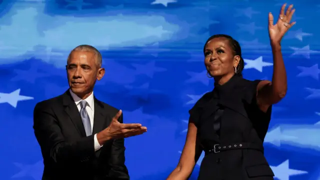 Barack and Michelle Obama on stage at the Democratic Party convention