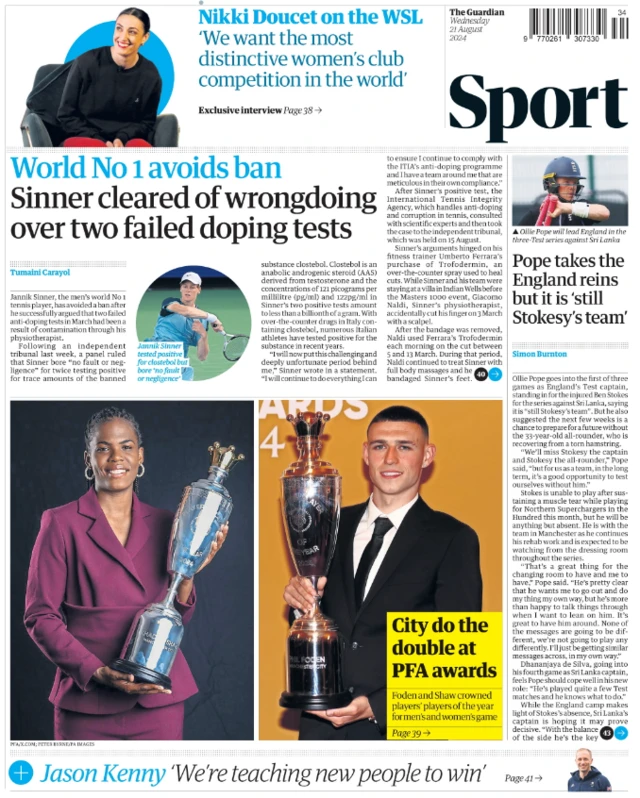 Lead sport page of the Guardian on 21 August 2024