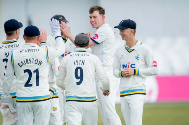 Matt Revis celebrates taking a wicket