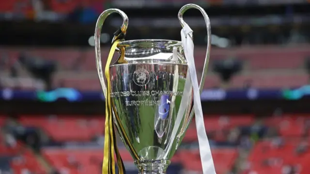 The Champions League trophy is being seen ahead of the UEFA Champions League Final match between Real Madrid and Borussia Dortmund at Wembley Stadium, in London, England, on June 1, 2024.