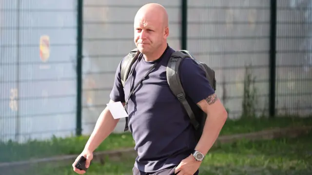 Hearts Head Coach Steven Naismith arrives during a UEFA Europa League play-off match between FC Viktoria Plzen and Heart of Midlothian at the Doosan Arena