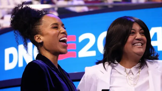 Actor Kerry Washington and comedian Allison Reese react ahead of the start of Day 4 of the Democratic National Convention (DNC)