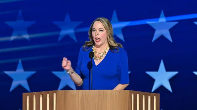 Olivia Troye, a former Trump administration national security official, speaks on the third day of the Democratic National Convention (DNC) at the United Center in Chicago, Illinois, on August 21, 2024.