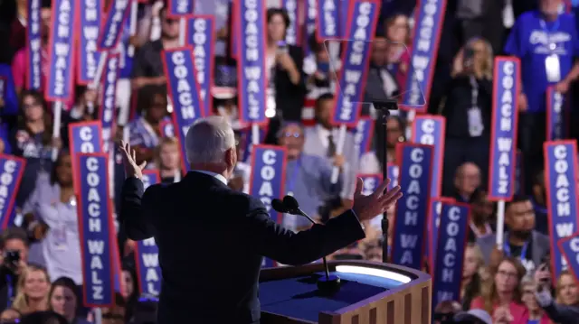 U.S. Democratic vice presidential nominee Minnesota Governor Tim Walz speaks on Day 3 of the Democratic National Convention (DNC)