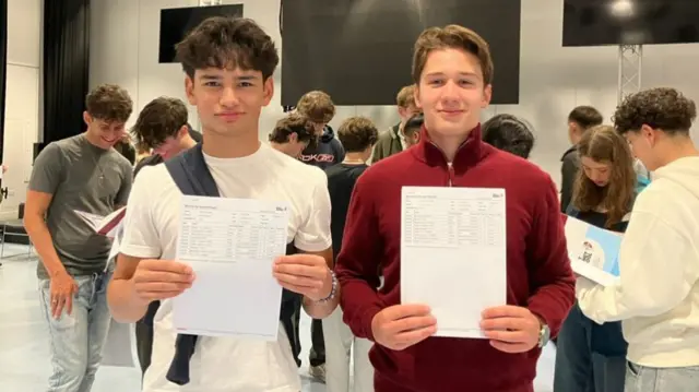 Khalil Suddle and Ethan Cicopalus hold up their results