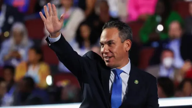 Pete Aguilar, Chair of the House Democratic Caucus, waves from the stage on Day 3 of the Democratic National Convention (DNC) in Chicago, Illinois, U.S., August 21, 2024.