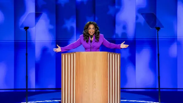 Oprah Winfrey, American talk show host, television producer, actor, author, and media proprietor delivers remarks during the third night of the Democratic National Convention (DNC) at the United Center in Chicago, Illinois, USA, 21 August 2024.