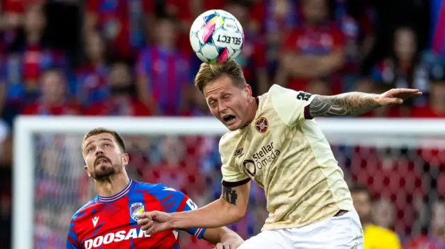 Hearts Frankie Kent in action during a UEFA Europa League play-off match between FC Viktoria Plzen and Heart of Midlothian at the Doosan Arena