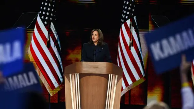 Kamala Harris addresses the crowd at the Democratic National Convention