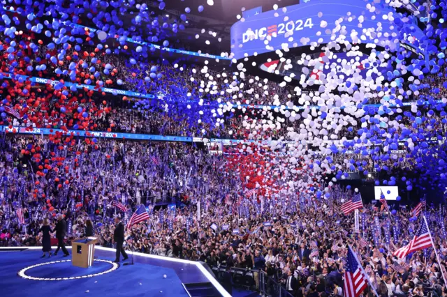 Balloons fall at the DNC