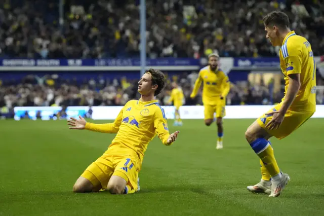 Leeds United's Brenden Aaronson celebrates after scoring