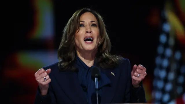 Democratic presidential nominee and U.S. Vice President Kamala Harris speaks