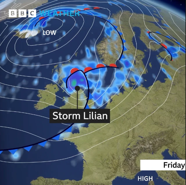 Map showing pressure systems over Europe and the location of Storm Lilian