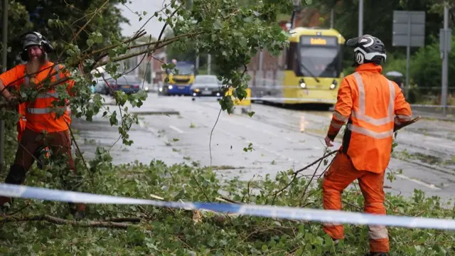 Workers begin to remove fallen tree branches after strong winds brought by Storm Lilian brought down trees blocking roads and tram routes in Manchester, Britain, August 23, 2024.