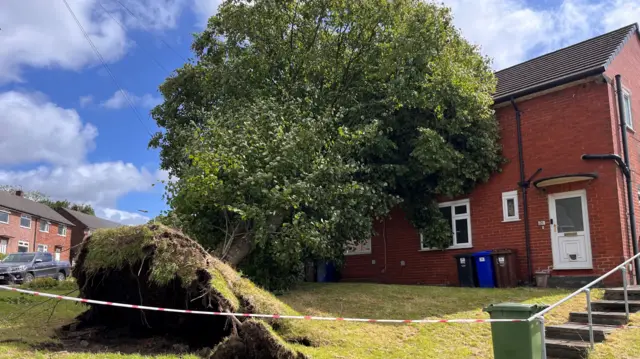 A tree topples over onto a house in Lancashire.