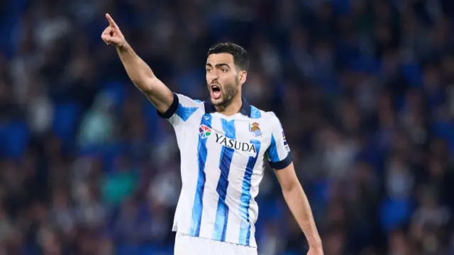 Mikel Merino of Real Sociedad reacts during the LaLiga EA Sports match between Real Sociedad and UD Almeria at Reale Arena on April 14, 2024 in San Sebastian, Spain.