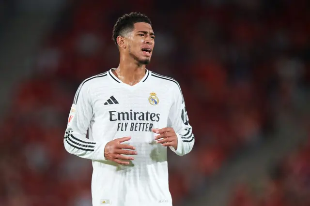 Jude Bellingham of Real Madrid looks on during the La Liga match between RCD Mallorca and Real Madrid CF at Estadi de Son Moix on August 18, 2024 in Mallorca, Spain.