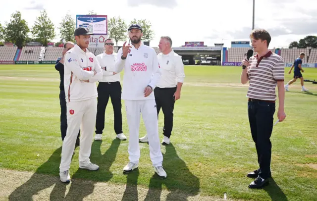 Captains Tom Westley and James Vince engage in the toss at Utilita Bowl