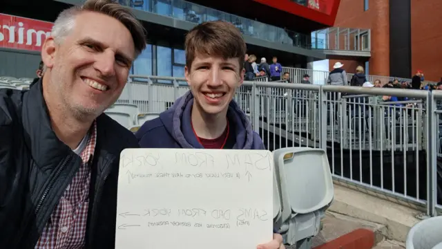 Sam from York and his dad at Old Trafford