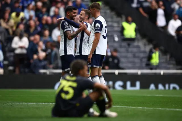 Tottenham celebrate their third goal as an Everton player sits on the floor