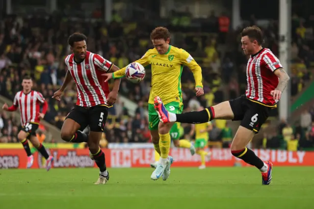 Norwich City's Josh Sargent (centre) battles for the ball against Sheffield United's Auston Trusty (left) and Harry Souttar