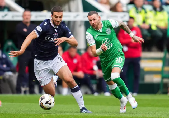 Hibernian's Martin Boyle and Dundee's Ziyad Larkeche in action during a William Hill Premiership match between Hibernian and Dundee at Easter Road, on August 24, 2024, in Edinburgh, Scotland