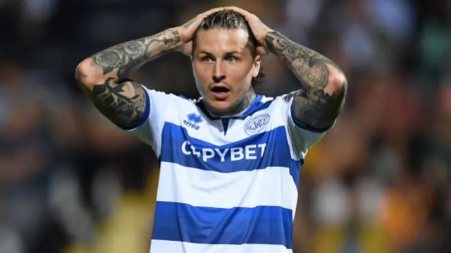 Lyndon Dykes of Queens Park Rangers reacts during the Carabao Cup match between Cambridge United and QPR.