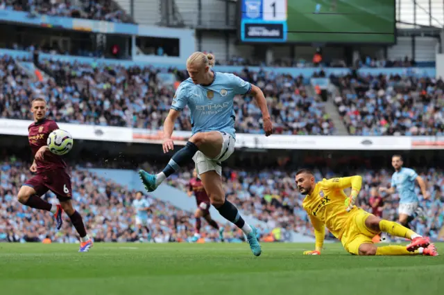 Erling Haaland slots home his second goal v Ipswich