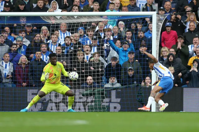 Pedro heads the ball across goal to win the game for Brighton