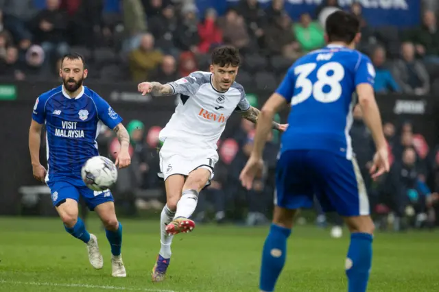 Swansea taking a shot v Cardiff in last SW derby