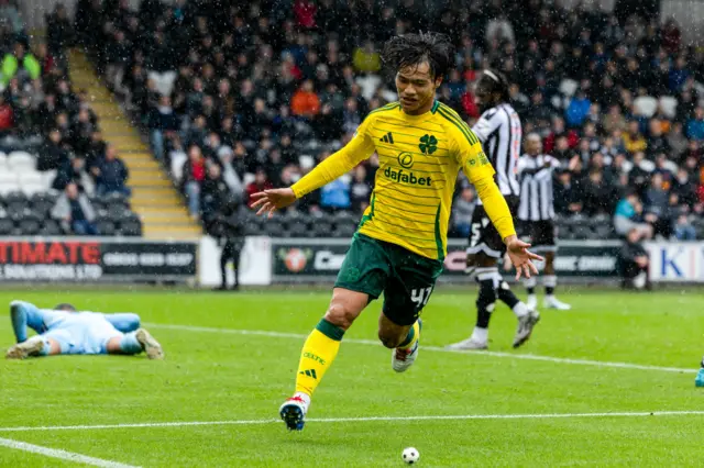 Reo Hatate celebrates after scoring for Celtic against St Mirren