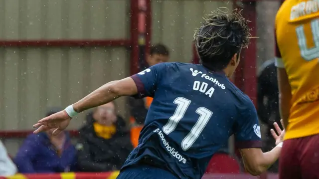 Yutaro Oda celebrates after scoring for Hearts against Motherwell