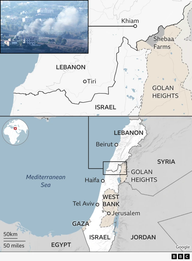 Map showing the two Lebanese towns where deaths have been reported