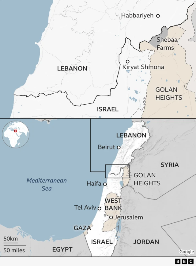 A map showing the location and border between Israel and Lebanon