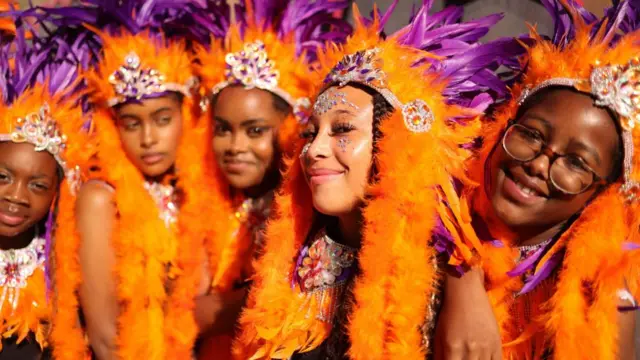 Members of Urban Troup take part in the Notting Hill Carnival in London, Britain, 25 August 2024. Notting Hill is the largest street carnival in Europe and a community-led celebration of Caribbean history and culture, this year running from 25 to 26 August.