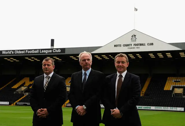 ven Goran Eriksson (C) poses for photographs as he is announced as the New Director of Football of Notts County alonside Executive Chairman Peter Trembling (R) and Club Manager Ian McParland at Meadow Lane