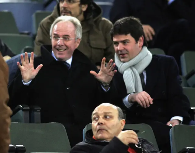 ven- Goran Eriksson (L) and Adrian Bevington look on during the UEFA Cup Last 16, Second Leg match between AS Roma and Middlesbrough