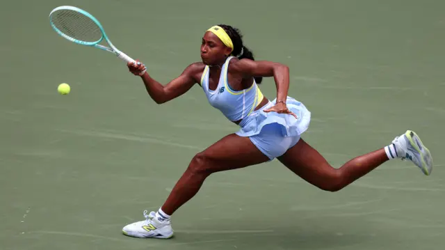 Coco Gauff hits a forehand