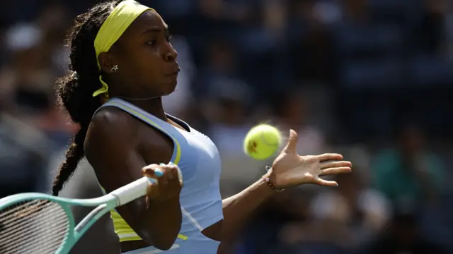 Coco Gauff hits a forehand at the US Open